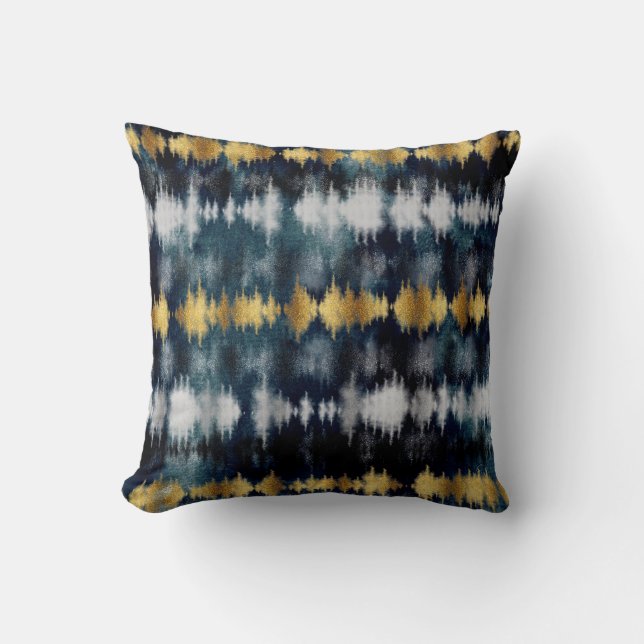 Modern Blue Gold Tie Dye Painting Abstract Throw Pillow (Front)