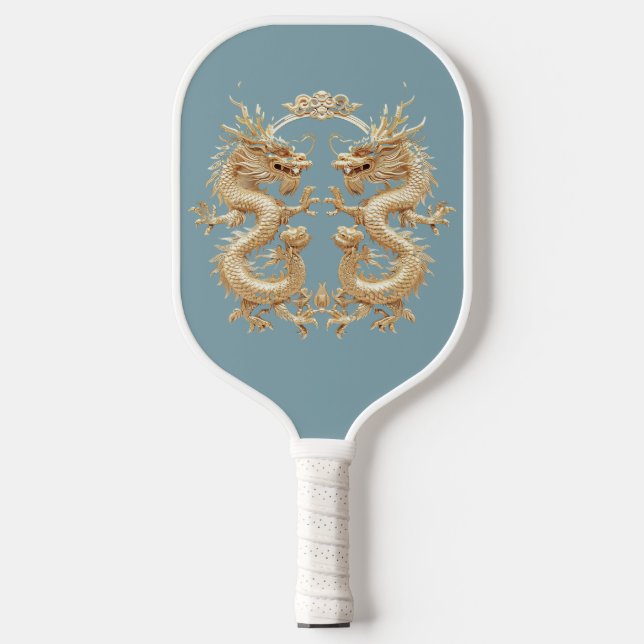 Modern Blue Gold Two-Headed Dragon Pickleball Paddle (Front)