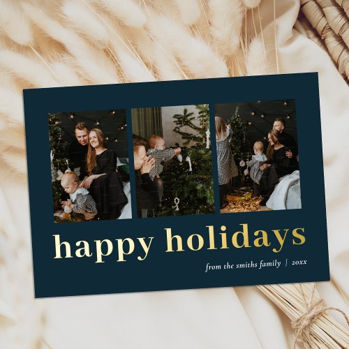 Modern Blue Gold Typography Happy Holidays Photo Foil Holiday Card