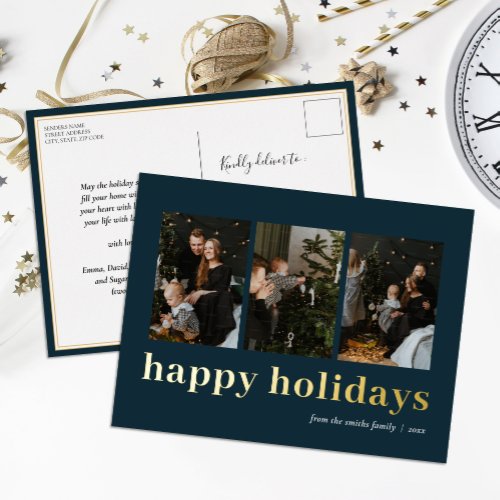 Modern Blue Gold Typography Happy Holidays Photo Foil Holiday Postcard