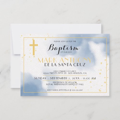 Modern Blue  Gold Watercolor Baptism Invitation