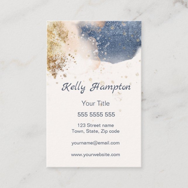Modern Blue & gold watercolor Blot Business Card (Front)