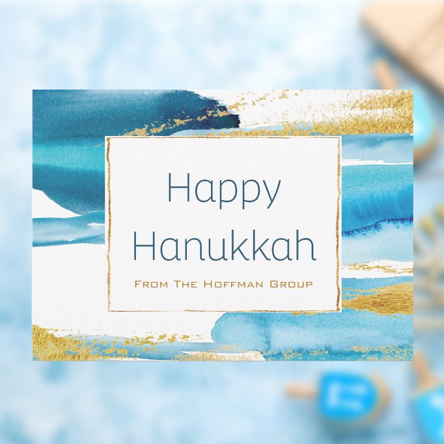 Modern Blue Gold Watercolor Hanukkah Business Holiday Card (Happy Hanukkah Modern Blue and Gold Greeting Card)