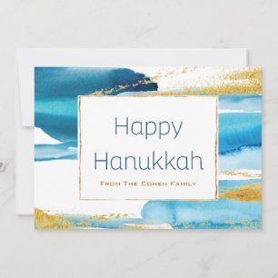 Modern Blue Gold Watercolor Hanukkah Family Holiday Card