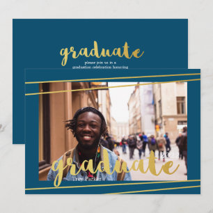 Modern Blue, Gold, & White Graduate Invitations