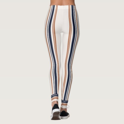 Modern Blue  Gold White Long Stripes   Leggings