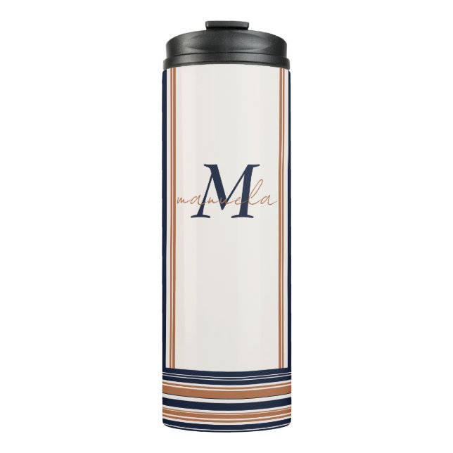 Modern Blue & Gold White Long Stripes   Thermal Tumbler (Front)
