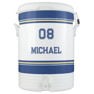 Modern Blue Gold White Player Name Jersey Number Beverage Cooler