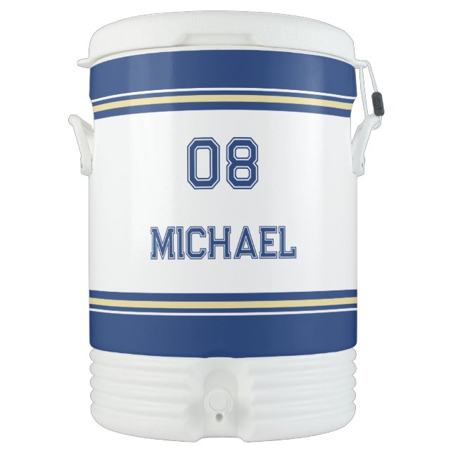 Modern Blue Gold White Player Name Jersey Number Beverage Cooler (Front)