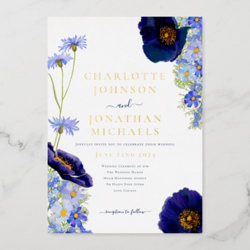 Modern Blue Gold Wildflower Watercolor Wedding Foil Invitation