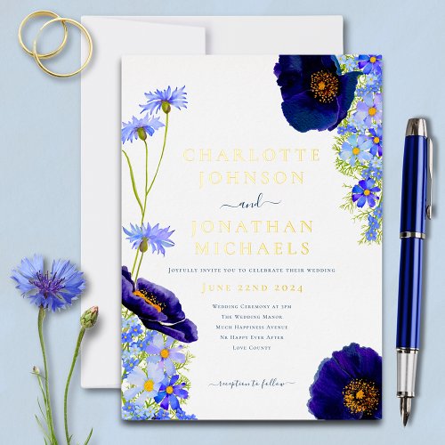 Modern Blue Gold Wildflower Watercolor Wedding Foil Invitation