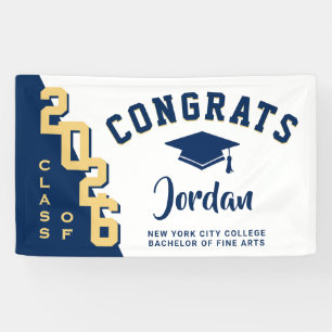 Modern Blue Golden Graduation Class of 2026 Party Banner