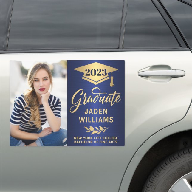 Modern Blue Golden PHOTO Graduation Large Car Magnet (In Situ)