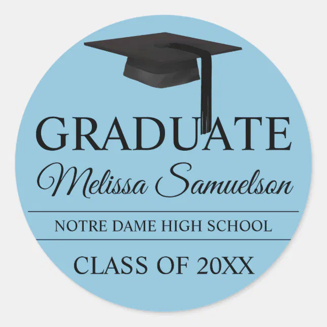 Modern Blue GRADUATE Class Graduation Cap Classic Round Sticker | Zazzle