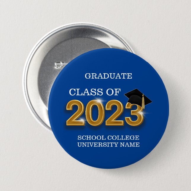 Modern Blue Graduate Class of 2023 School Name Button (Front & Back)