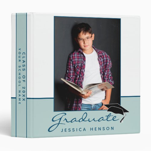 Modern Blue Graduation Keepsake Photo Album 3 Ring Binder - Modern Blue Graduation Keepsake Photo Album 3 ring binder. White background and blue stripe with trendy blue script Graduate. Modern blue keepsake scrapbook memory album. Add your favorite photo into the template and personalize the custom text with your grad’s name, class year and name of the school. Customize the special message on the backside.