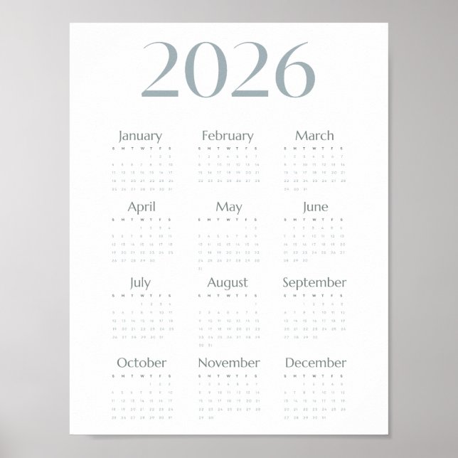 Modern Blue-Gray 2026 Calendar Simple One-Page  Poster (Front)