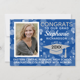 Modern Blue Gray Bokeh Bubbles Photo Graduation Invitation