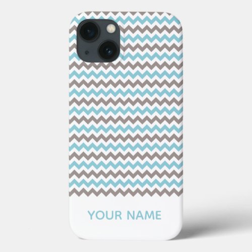 Modern Blue Gray Chevron Pattern with Name iPhone 13 Case