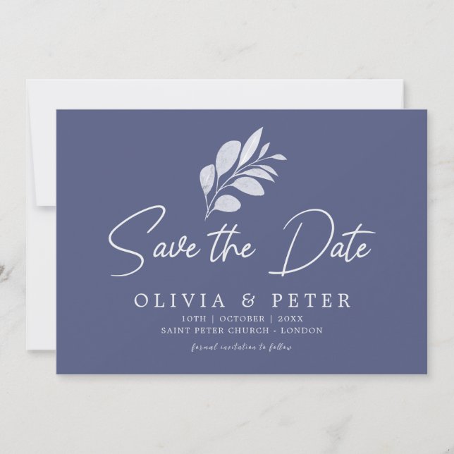 Modern Blue Gray Foliage Wedding   Save The Date (Front)