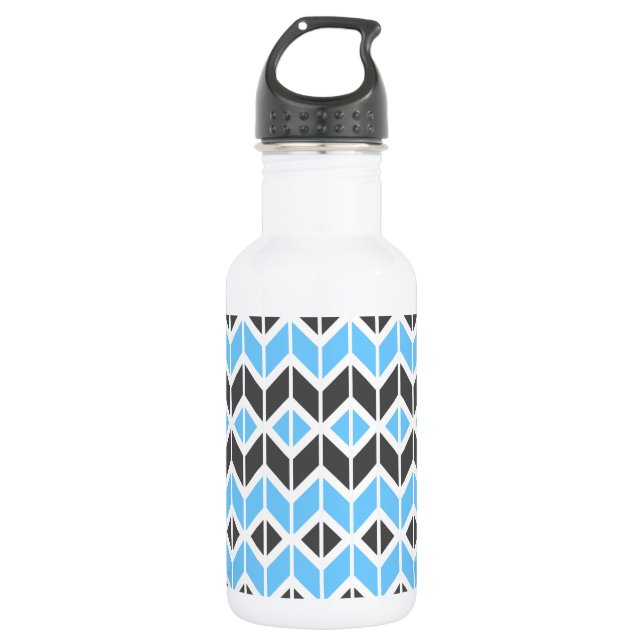 Modern Blue Gray Geometric Herringbone Pattern Stainless Steel Water Bottle (Front)