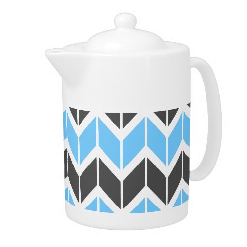 Modern Blue Gray Geometric Herringbone Teapot