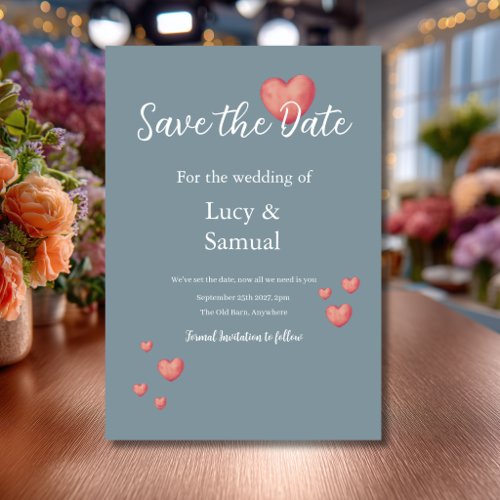 Modern Blue Gray Heart Save The Date Card