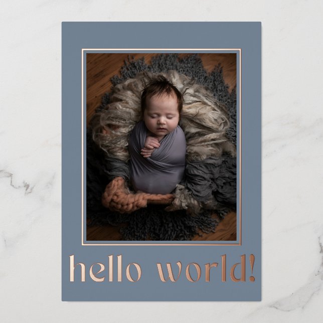 Modern Blue Gray Hello World Photo Birth  Foil Invitation (Front)