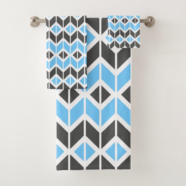 Modern Blue Gray Herringbone Geometric Pattern Bath Towel Set (Insitu)