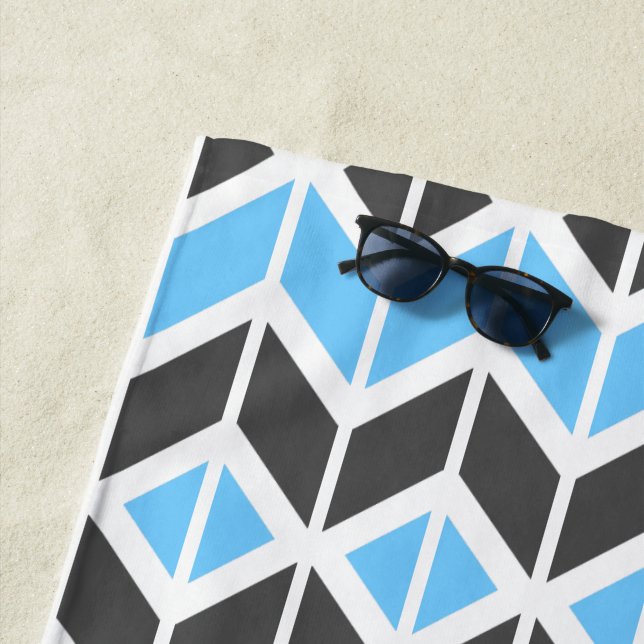 Modern Blue Gray Herringbone Geometric Pattern Beach Towel (In Situ)
