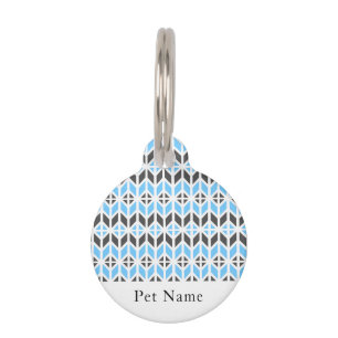 Modern Blue Gray Herringobone Geometric Name Pet ID Tag