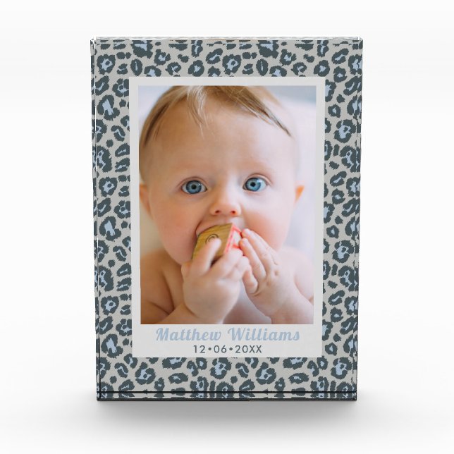 Modern Blue Gray Leopard Print Baby Photo Block (Front)