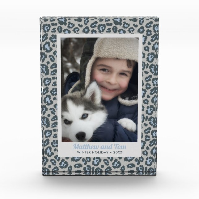 Modern Blue Gray Leopard Print Custom Photo Block (Front)