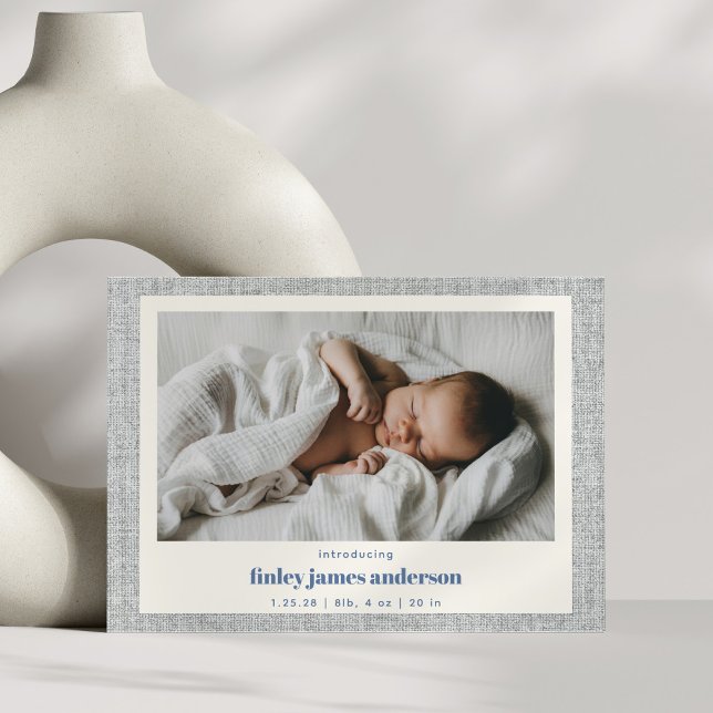 Modern Blue Gray Linen Texture Baby Photo Birth  Announcement (Creator Uploaded)