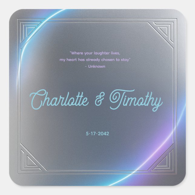 Modern Blue Gray Purple Electric Neon Glow Wedding Square Sticker (Front)