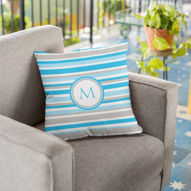Modern Blue Gray Stripes Monogram Throw Pillow (Creator Uploaded)