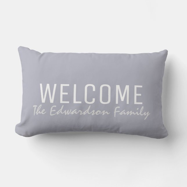 Modern blue gray summer Welcome Family monogram Lumbar Pillow (Front)