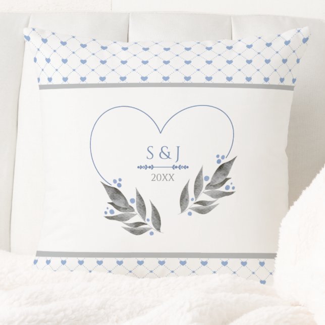 Modern Blue Gray Wedding Couple Initials Year Throw Pillow (This Modern Blue Wedding Pillow is an elegant keepsake for celebrating a couple's journey)