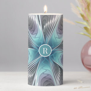 Modern Blue Gray White Fractal Art Flower Monogram Pillar Candle