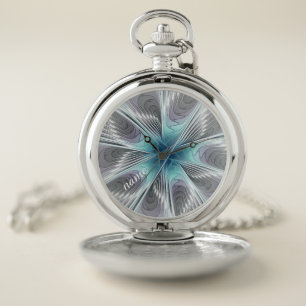 Modern Blue Gray White Fractal Flower, Name Pocket Watch