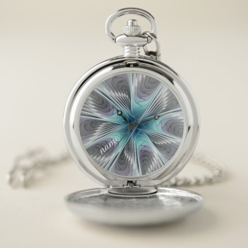 Modern Blue Gray White Fractal Flower Name Pocket Watch
