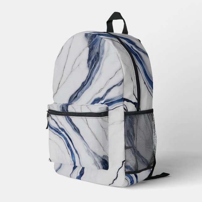 Modern Blue Gray White Minimalist Marble Printed Backpack (Back Corner Right)