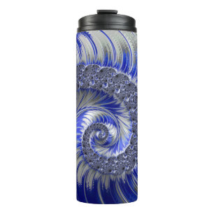 Modern Blue Gray White Spiral Fractal Thermal Tumbler