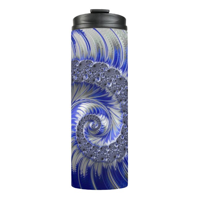 Modern Blue Gray White Spiral Fractal Thermal Tumbler (Front)