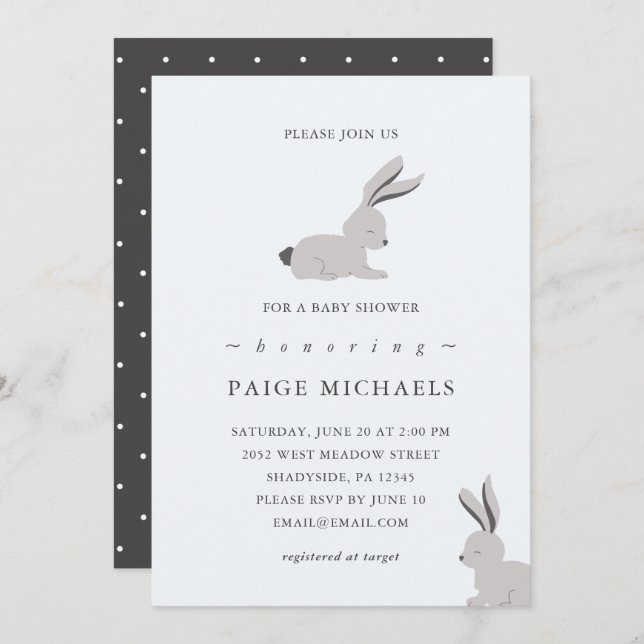 Modern Blue Gray with Bunnies and Dots Invitation (Front/Back)