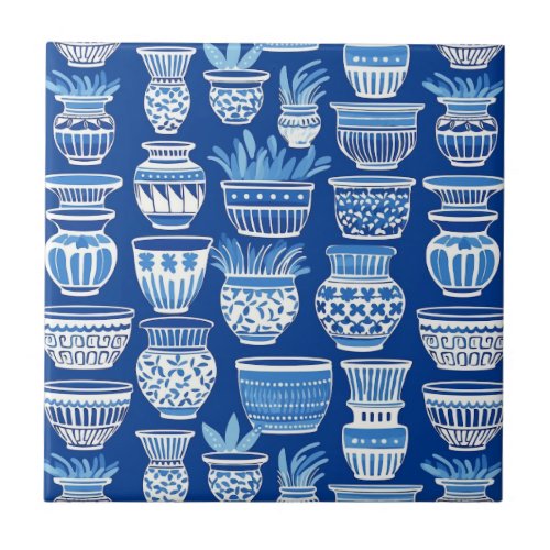 Modern blue Greek clay pots pattern Ceramic Tile