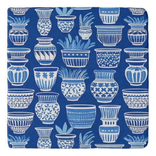 Modern blue Greek clay pots pattern Trivet