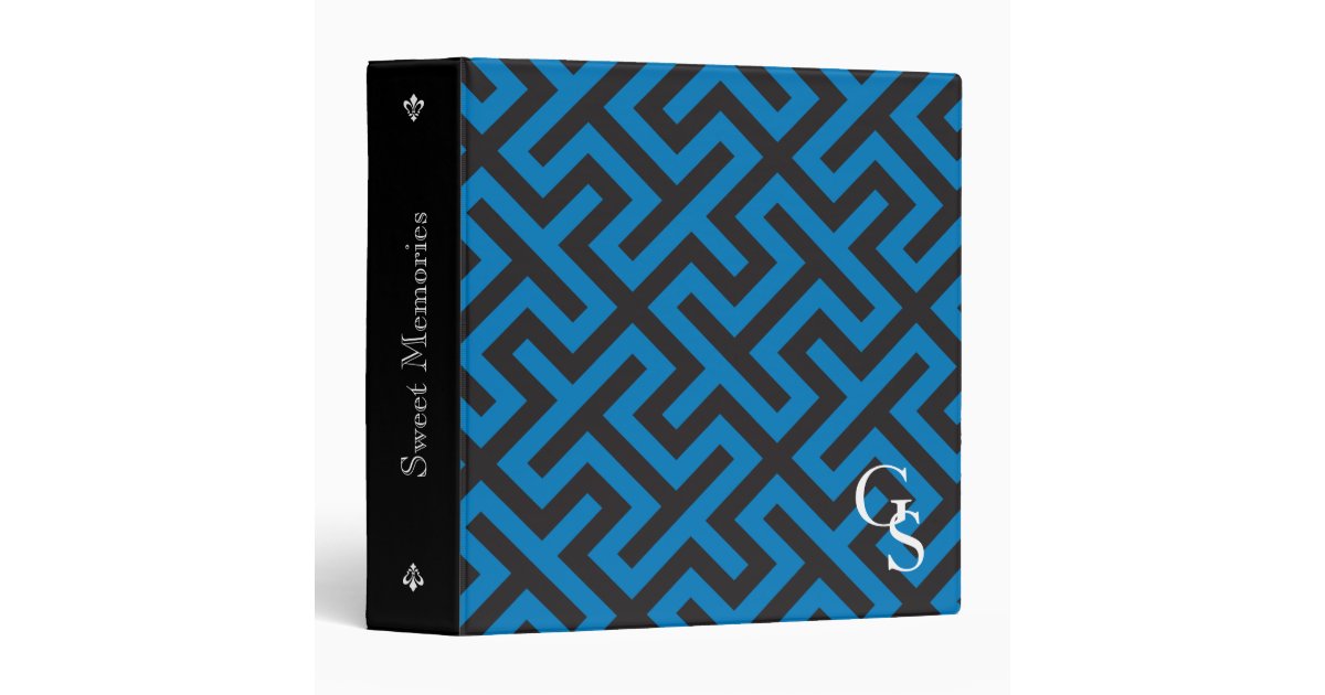 Modern blue greek key geometric patterns monogram binder Zazzle