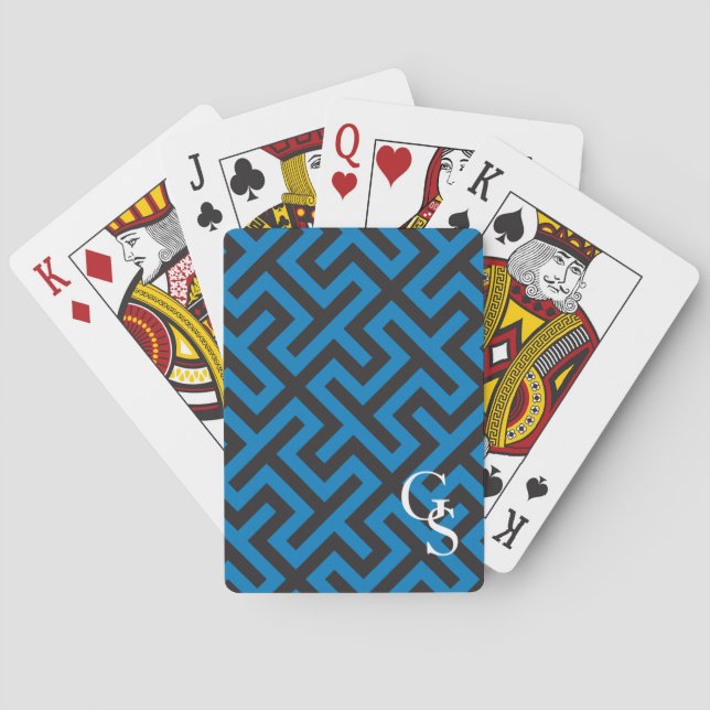 Modern blue greek key geometric patterns monogram poker cards (Back)