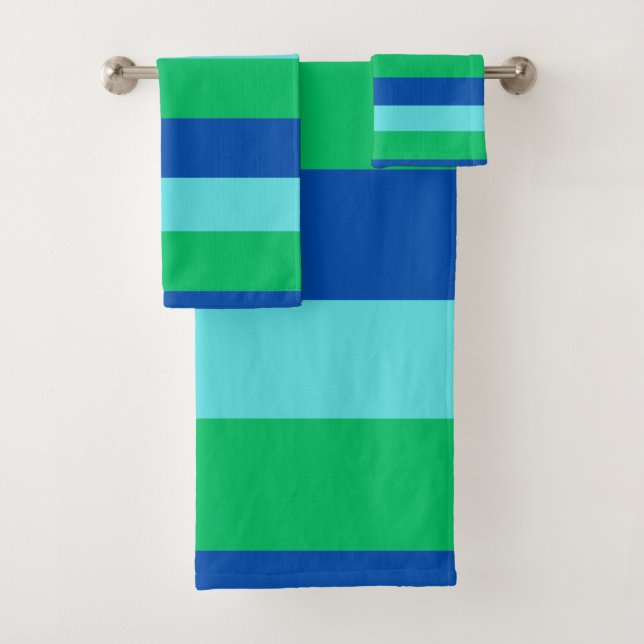 Modern Blue Green and Azure Striped Towel Set (Insitu)